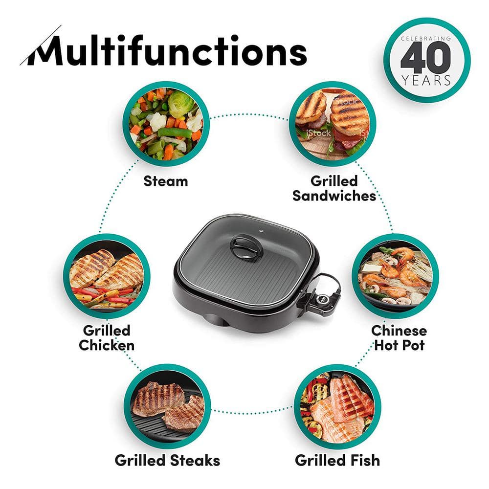 Aroma Black 4Qt 3-in-1 Electric Indoor Grill with Glass Lid