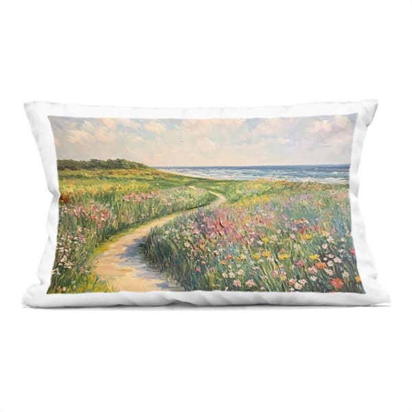 Impressionist Coastal Meadow Blue Print Zipper Polyester 14 in. X 20 in. Throw Pillow