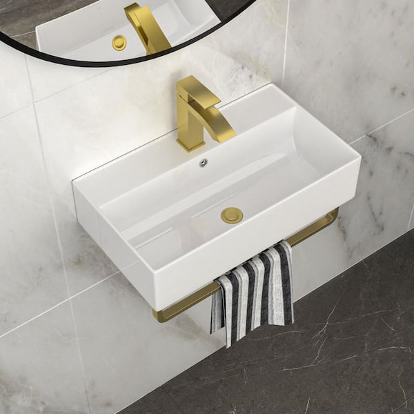 Lyero 21 in. Wall Mount Bathroom Sink White Ceramic with Gold Towel Bar, Overflow and Gold Faucet