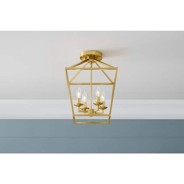 Weyburn 16.5 in. 4-Light Gold Farmhouse Semi-Flush Mount Ceiling Light Fixture with Caged Metal Shade