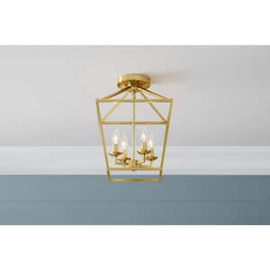 Weyburn 16.5 in. 4-Light Gold Farmhouse Semi-Flush Mount Ceiling Light Fixture with Caged Metal Shade