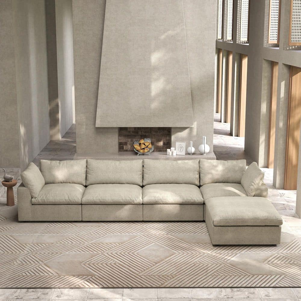 160.6 in. W Square Arm Linen L Shaped 5-Pieces Modular Free Combination Sofa with Storage Ottoman in Brown