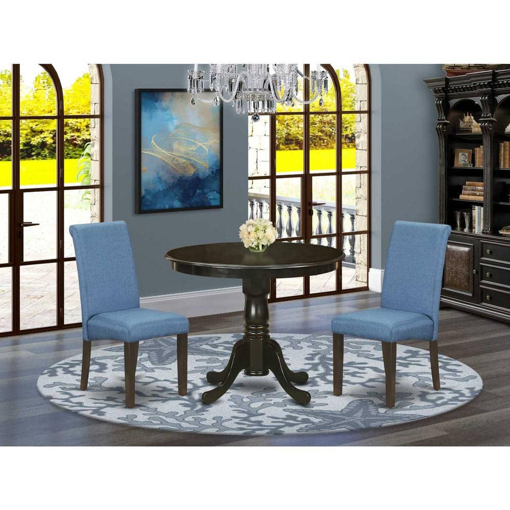 Cappuccino Round Wood Dining Table with Blue Linen Chairs