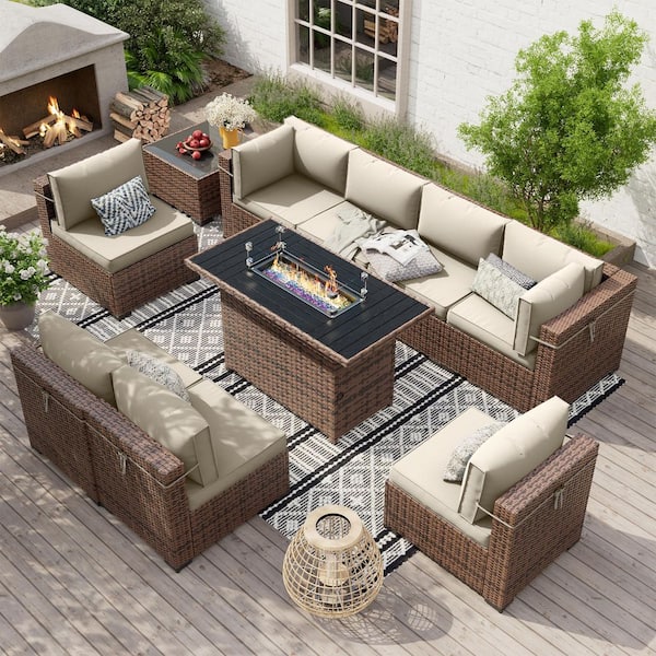 Poteban 8-Person Brown Wicker Outdoor Sectional Set with Fire Pit Table, Coffee Table and Cream Cushions