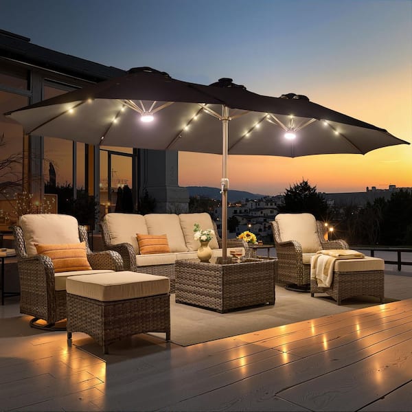 Alpine A 15 ft. Solar LED Outdoor Patio Double-Sided Market Patio Umbrella, UV Protection with Base in Dark Gray