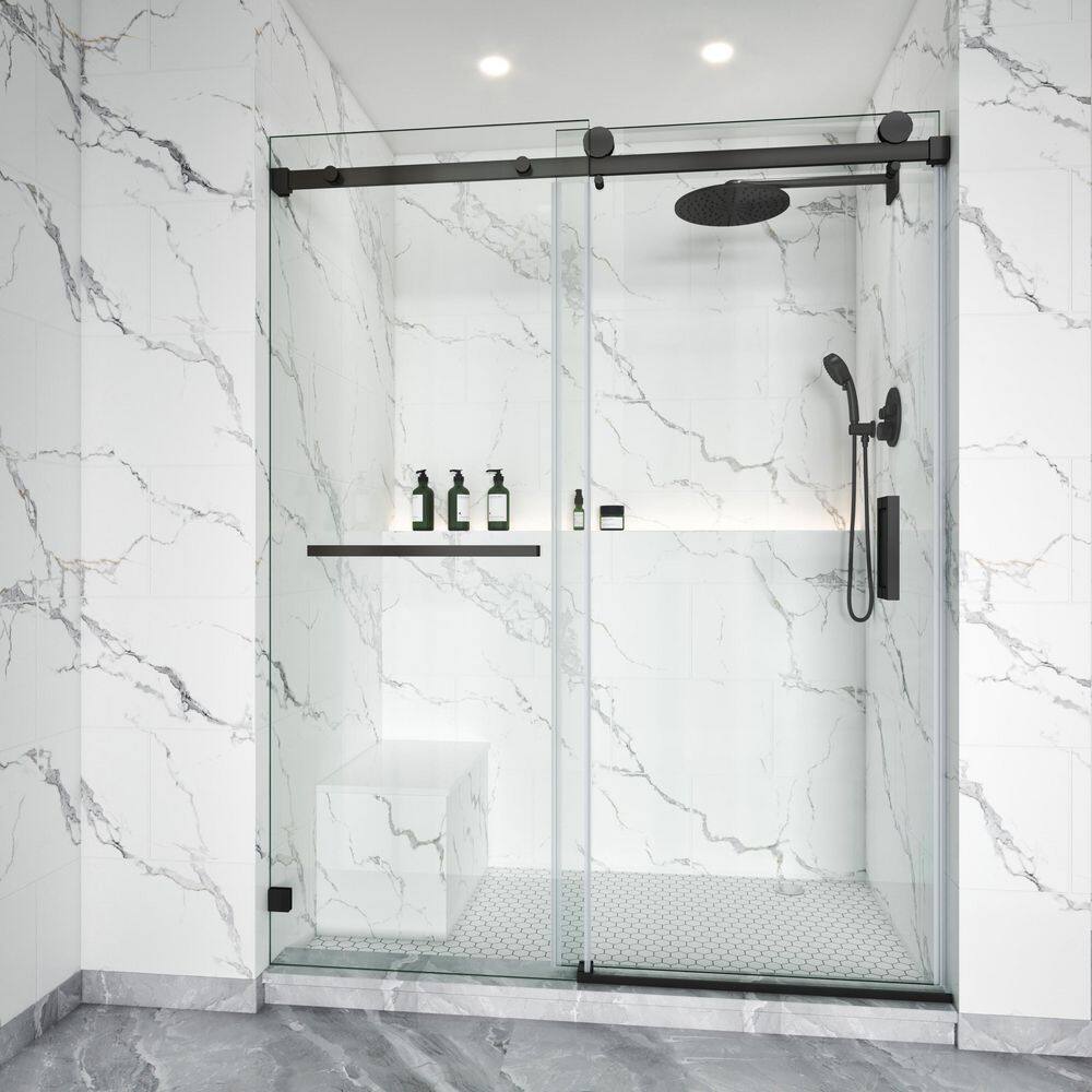 50-55 in. W x 76 in. H Single Sliding Frameless Shower Door Matte Black 3/8 in. Clear SGCC Glass with 1-Towel Bar price history on PriceWatchPro