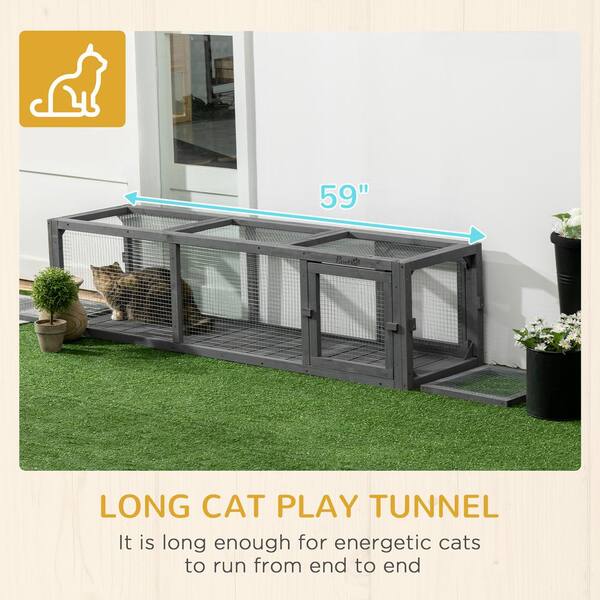 PawHut 59 Long Cat Tunnel, Wooden Outdoor Cat Tunnel House