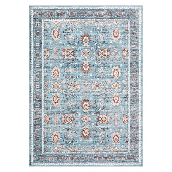 Blue 4 ft. x 6 ft. Vintage Printed Washable Soft, Non Slip Low Pile, for Living Room, Bedroom, Entryway Area Rug