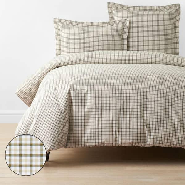Company Cotton Mini Check Yarn-Dyed Green Queen Cotton Percale Duvet Cover