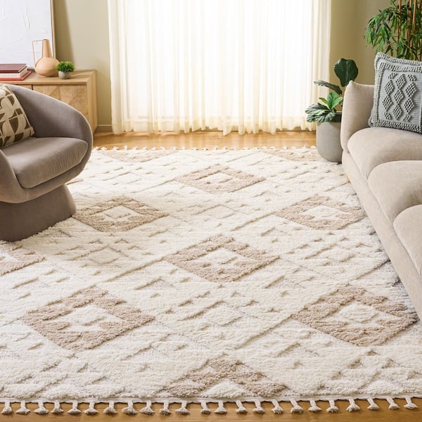 Moroccan Tassel Shag 10 ft. x 14 ft. Ivory/Beige High-Low Geometric Fringe Area Rug