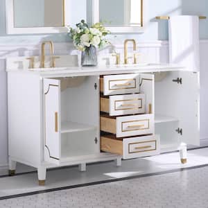 MELODY 60 in. W x 22 in. D x 35 in. H Freestanding Double Sinks Bath Vanity in White with Carrera White Vanity Top