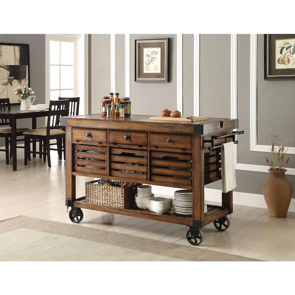 Acme Furniture Kaif Distressed Chestnut Kitchen Cart With Storage