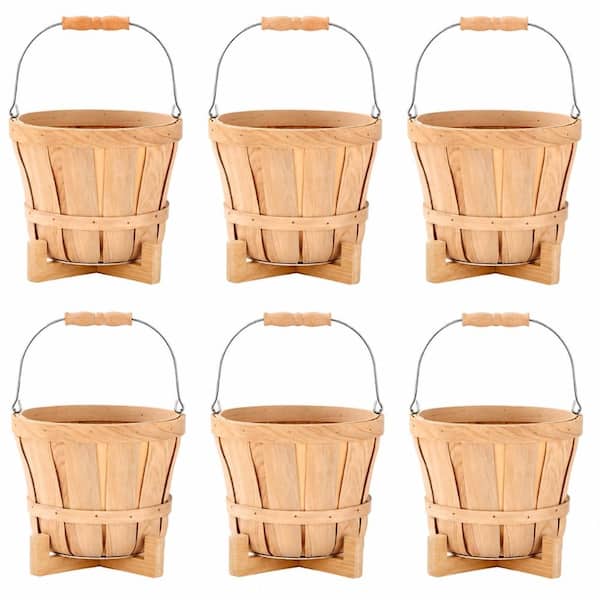 6-Pack Small Natural Wood Bushel Baskets with Handles and Stands 7.87 in. x 7.87 in. x 5.91 in. for Fruit