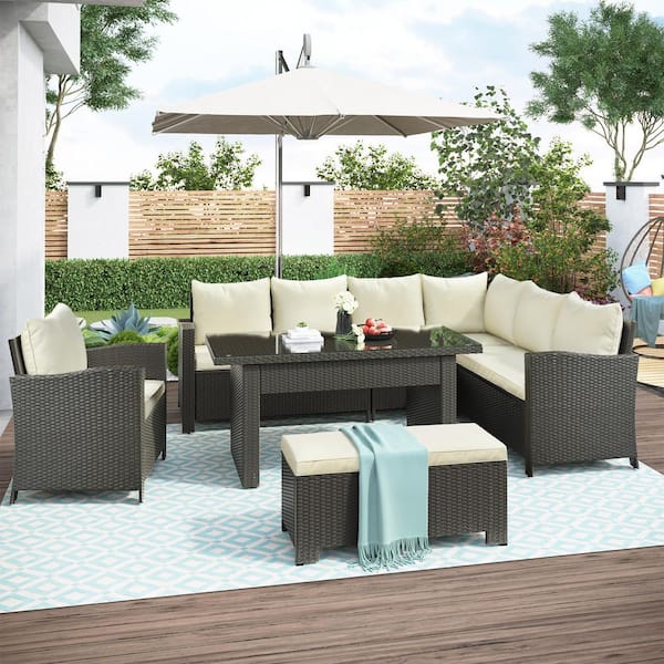 Tunearary 6-Piece Patio Rattan Outdoor Conversation Set Dining Table Chair with Bench And Beige Cushions