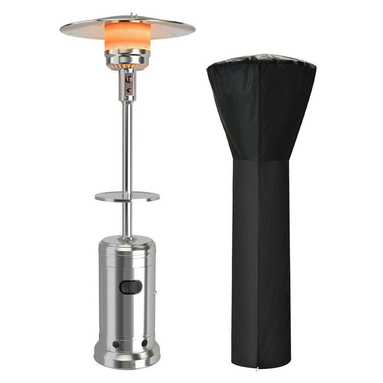 Gymax 87 in. Tall 48,000 BTU Silver Patio Propane Heater with Cover and Table