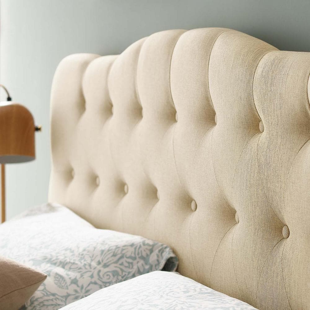 Beige Tufted Upholstered Queen Fabric Headboard