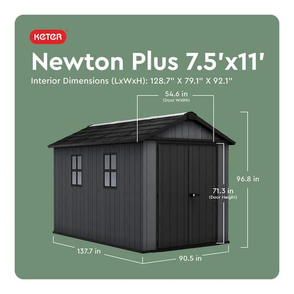 Newton Plus 7.5 ft. W x 11 ft. D Durable Resin Plastic Storage Shed with Floor Graphite 70 sq. ft.