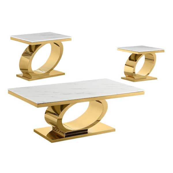 Best Quality Furniture Megan 55 in. White Rectangle Marble Top Coffee Table Set Gold Stainless Steel Base 3 Piece End Table