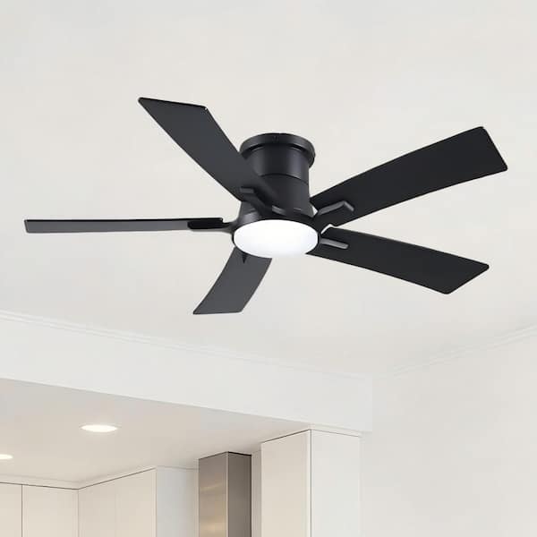 Modern 46 in. integrated LED Flush Mount Indoor Black Ceiling Fan with Light, Remote Control and 5 Reversible Blades