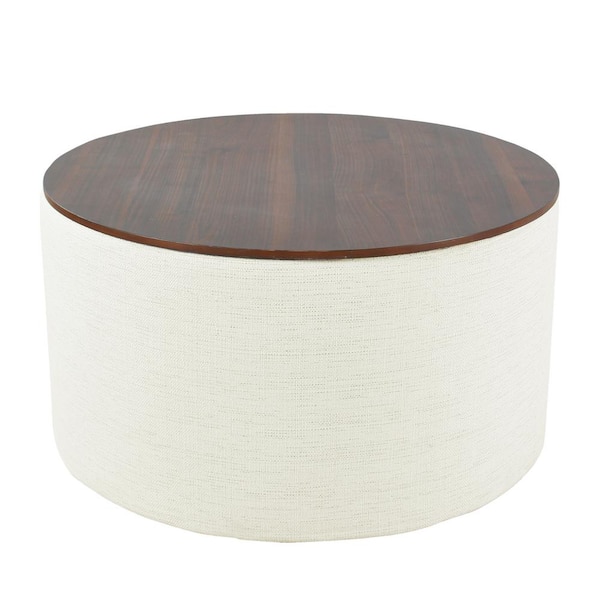 Homepop Stain-Resistant Cream Woven with Wood Top Storage Ottoman