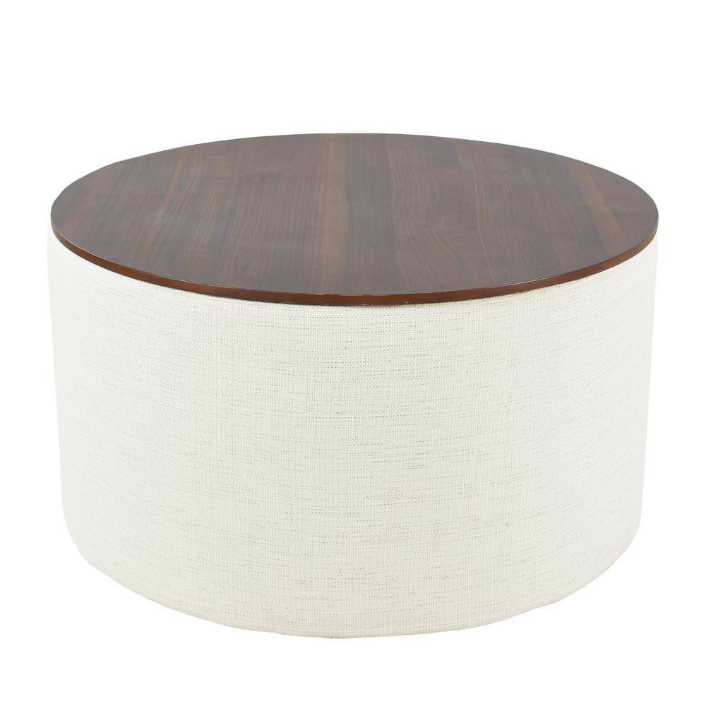 Modern Cream Woven Storage Ottoman with Dark Walnut Wood Top 31"