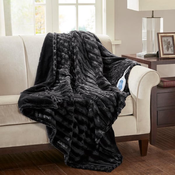 Heated Duke Black 50 in. x 70 in. Faux Fur Heated Throw