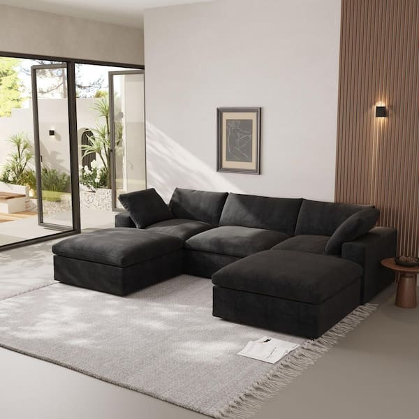 120.45 in. Square Arm 5-piece U Shaped Linen Velvet Sectional Sofa in. Black with Storage Ottoman and Removable Covers