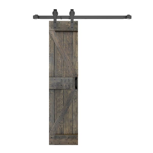 ISLIFE K Style 24 in. x 84 in. Aged Gray Finished Soild Wood Sliding Barn Door with Hardware Kit - Assembly Needed