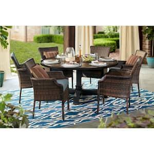 Grayson Brown 7-Piece Wicker Round Outdoor Dining Set with Performance Acrylics Classic Blue Cushions