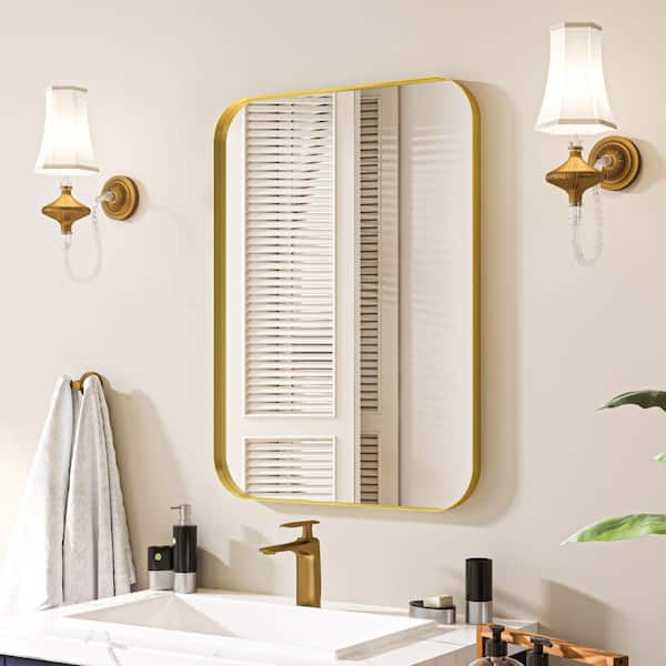 waterpar 22 in. W x 30 in. H Rectangular Aluminum Framed Wall Bathroom Vanity Mirror in Gold
