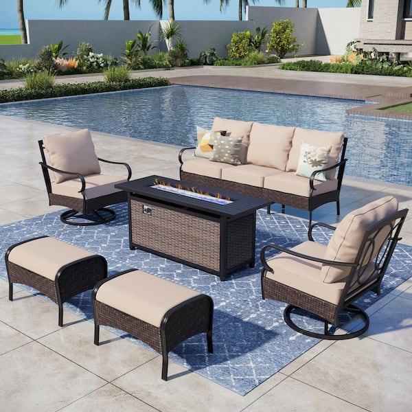 PHI VILLA Metal Frame Dark Brown Rattan 6-Piece Steel Outdoor Fire Pit Patio Set with Beige Cushions, Rectangular Fire Pit Table