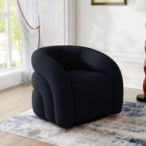 Dark Blue Boucle Polyester Fabric 360° Swivel Accent Barrel Armchair with Metal Base (Set of 1)