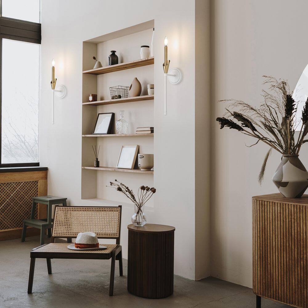 Claudelle 5.75 in. 1 Light Textured White + Modern Gold Wall Sconce with White Fabric Shade price history on PriceWatchPro