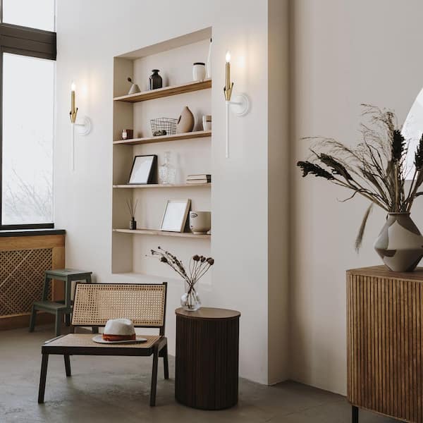 Claudelle 5.75 in. 1 Light Textured White + Modern Gold Wall Sconce with White Fabric Shade