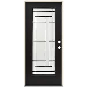 36 in. x 80 in. Left-Hand Full Lite Atherton Decorative Glass Black Painted Fiberglass Prehung Front Door w/Brickmould