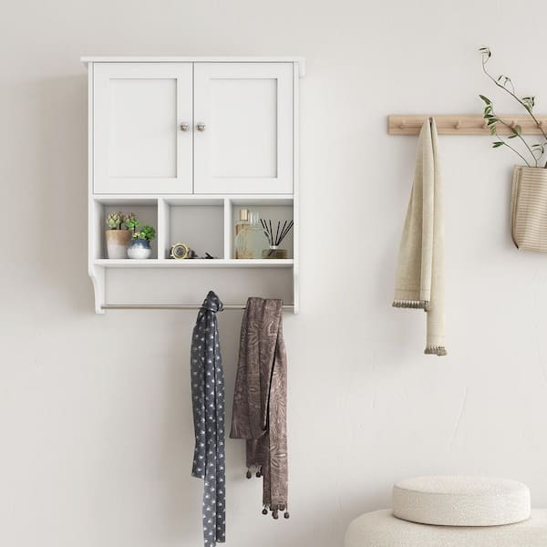 Modern 28 in. W x 24 in. D x 8 in. H Bathroom Storage Wall Cabinets with Towel Bar for Small apartment in White