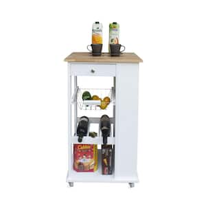 White Rubber Wood Mobile Kitchen Cart Kitchen Island with Wheels, Shelves, Rack and Drawer