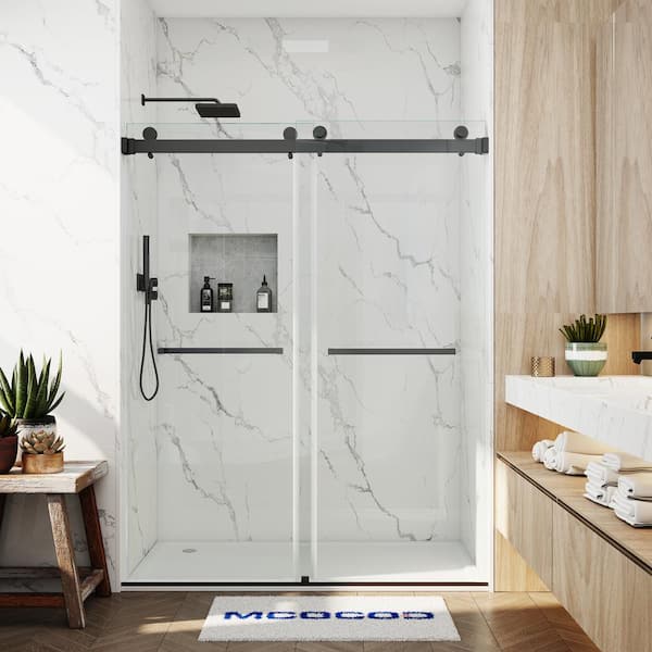 MCOCOD 66-73 in. W x 76 in. H Double Sliding Frameless Smooth Sliding Shower Door in Matte Black with 3/8 in. Clear Glass