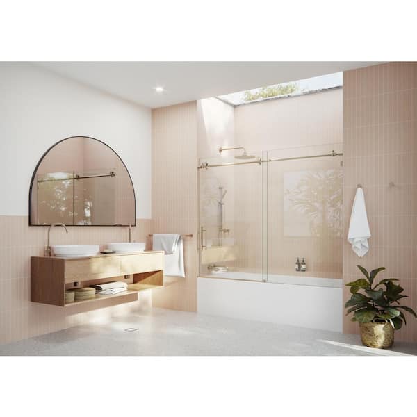 Glass Warehouse Eclipse 72 in. W x 60 in. H Sliding Frameless Bathtub Door in Brushed Bronze Finish with Clear Glass