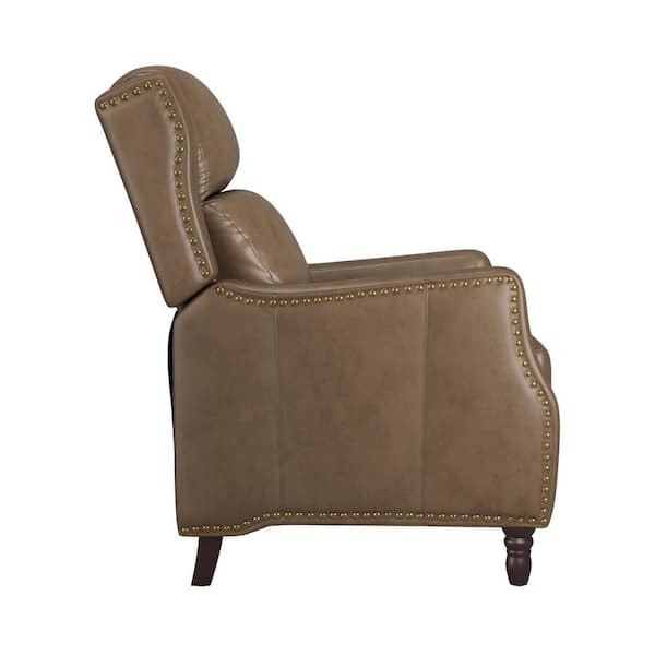 Lange 28in. W Grayish Brown Genuine Leather Nailhead Trim Recliner Armchair with Cushioned Back and Wooden Legs