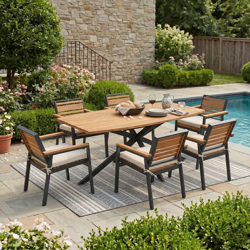 7-Piece Acacia Wood and Iron Frame Indoor/Outdoor Dining Set with 6 Comfortable Armchairs, Beige Cushions price history on PriceWatchPro
