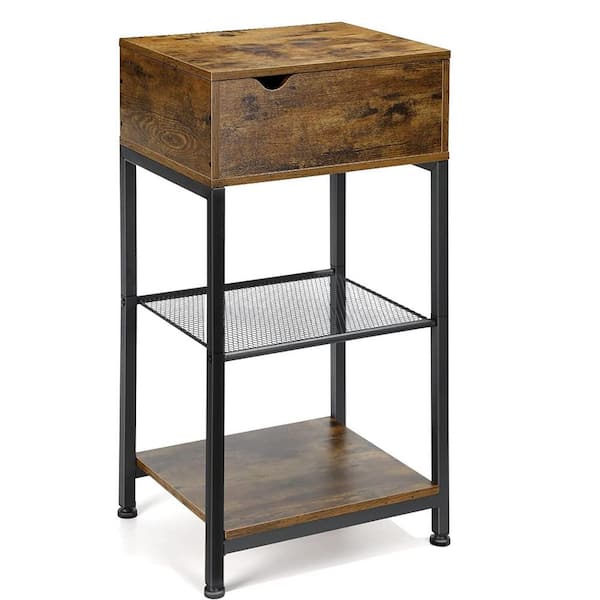 Oumilen 15.75 in. Brown Slide End Table, Side Wood Sofa Table with Storage Shelf Rustic Farmhouse Nightstand