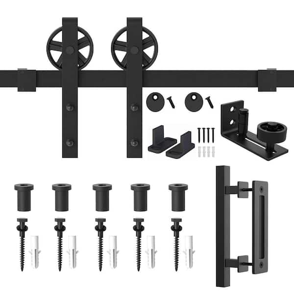WINSOON 72 in. Frosted Black Steel Sliding Barn Door Track and Hardware Kit and Handle Set