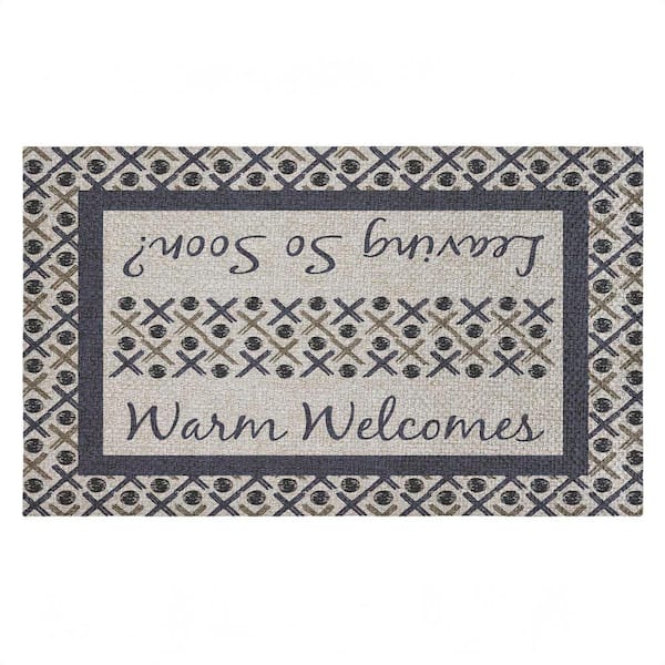 Warm Welcome & Leaving Soon Blue 18 in. x 30 in. Polyester Non-Slip Outdoor Door Mat