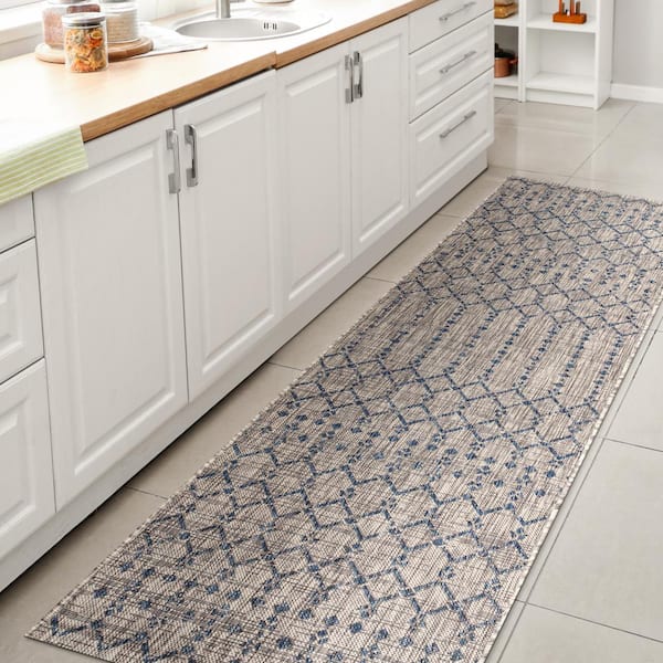 Light Gray/Navy 2 ft. x 20 ft. Runner Ourika Moroccan Geometric Textured Weave Indoor/Outdoor Area Rug