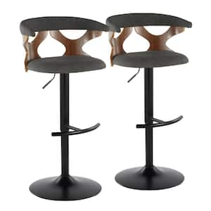 Gardenia 32.5 in. Charcoal Fabric, Walnut Wood and Black Metal Adjustable Bar Stool (Set of 2)