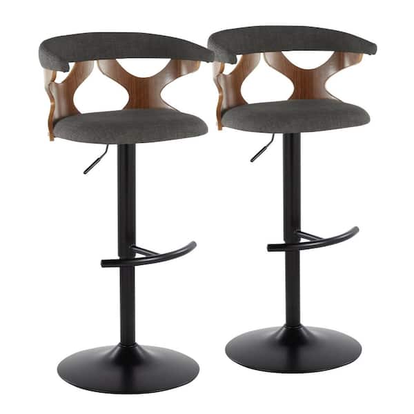 Lumisource Gardenia 32.5 in. Charcoal Fabric, Walnut Wood and Black Metal Adjustable Bar Stool (Set of 2)