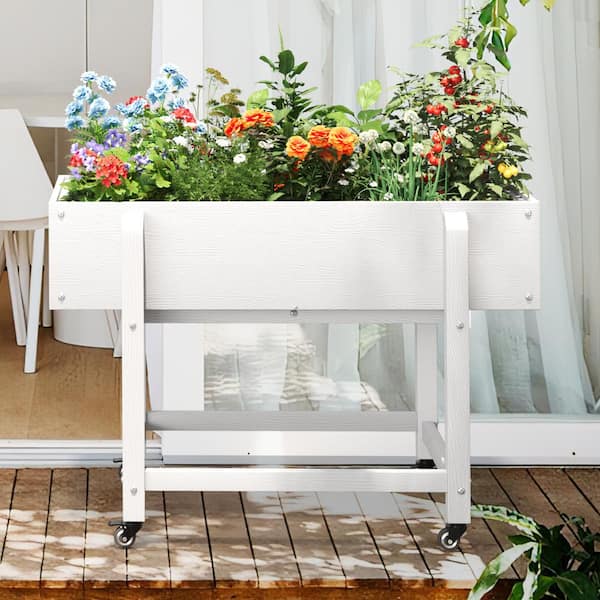 LUE BONA 39 in. x 20 in. x 28 in.White Plastic Raised Garden Bed Mobile Elevated Planter Box with Lockable Wheels and Liner