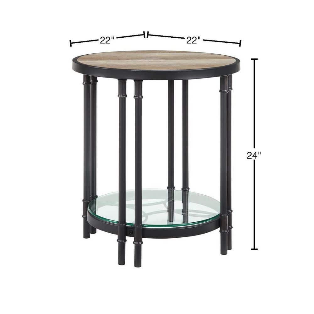 Modern Farmhouse Round Oak & Sandy Black End Table with Glass Shelf