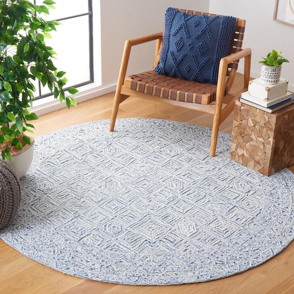 Textual Blue/Ivory 6 ft. x 6 ft. Abstract Border Round Area Rug